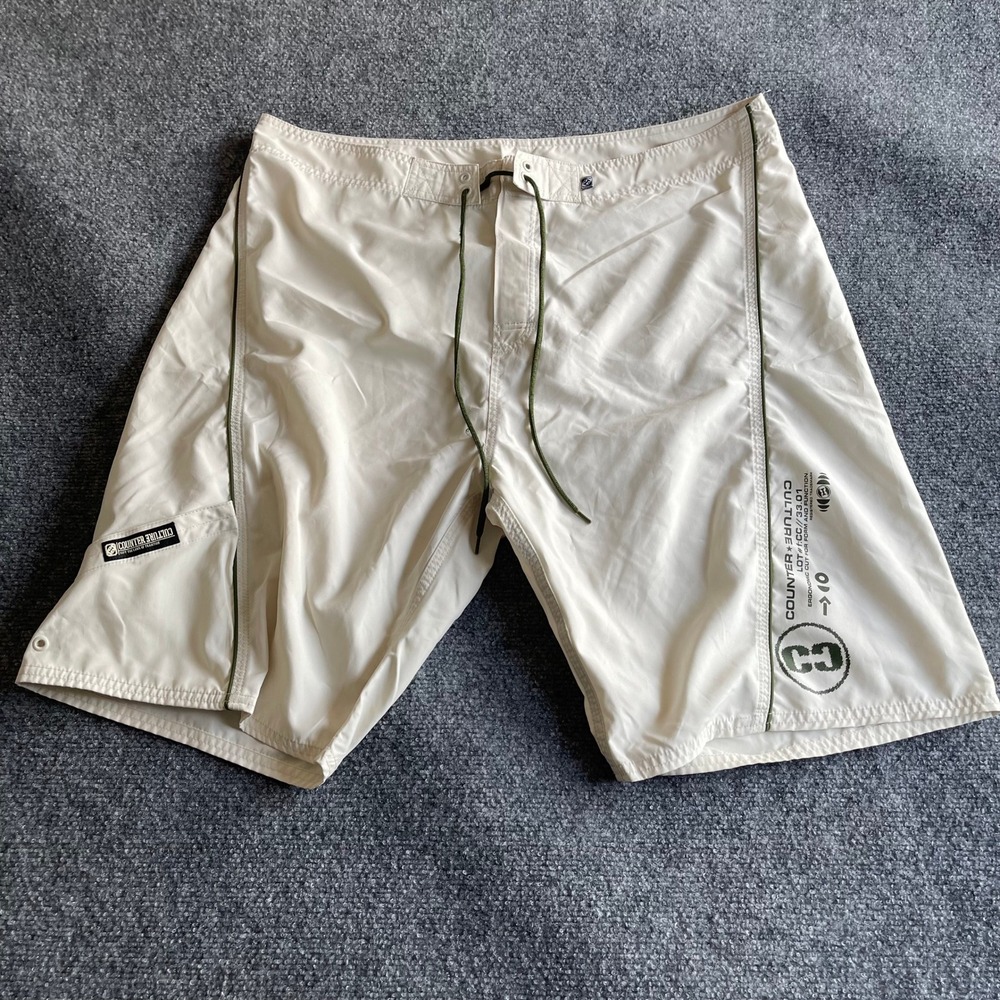 Counter Culture Mens‎ Board Shorts Size 38 Off White Green Graphic Swim Trunks